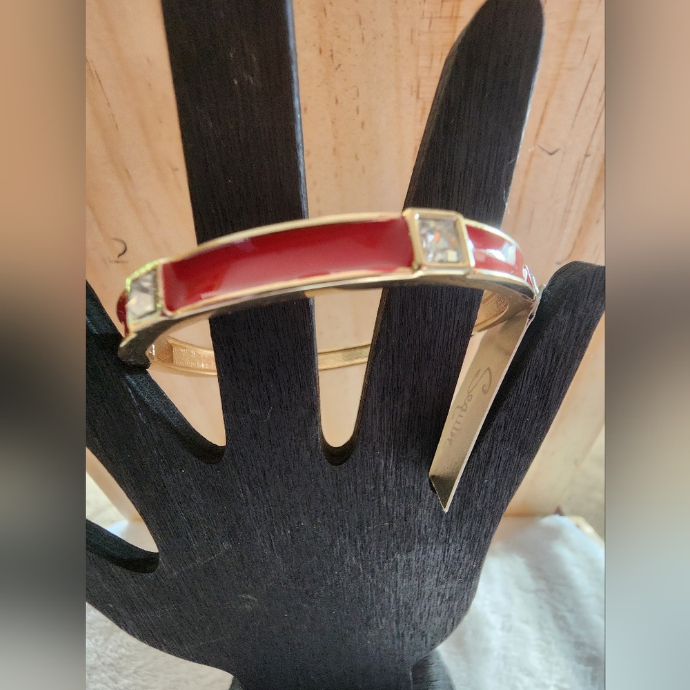 STUNNING Sequin™ Red Enamel & Crystal Hinged Bangle Bracelet NWT